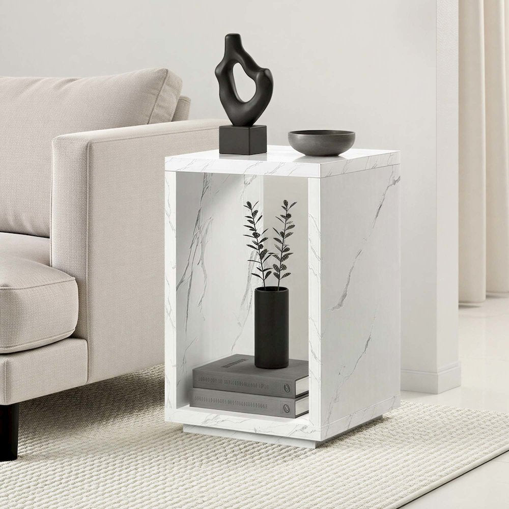 Northfield Admiral End Table with Shelf, White Faux Marble