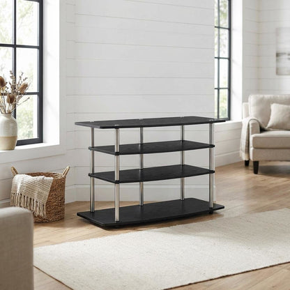Black No Tools Wide Highboy TV Stand, Particle Board Shelves, Steel Poles