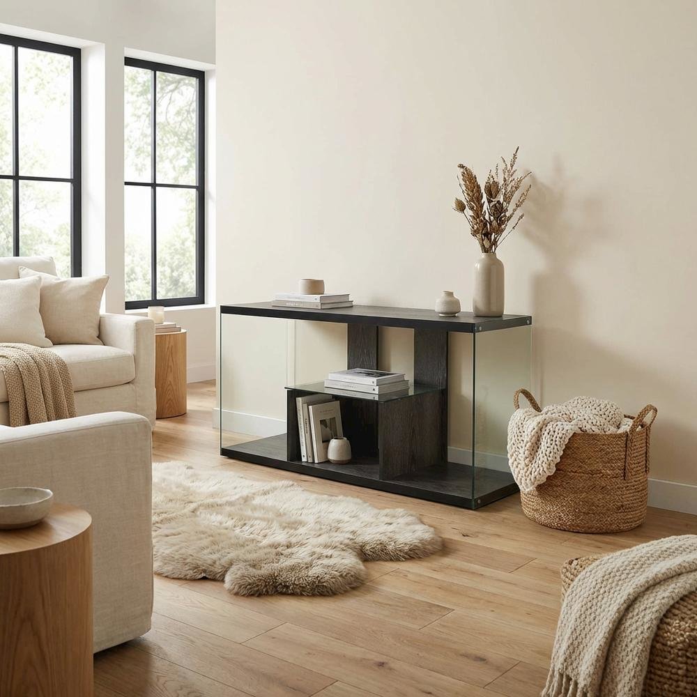Weathered Gray TV Stand with Tempered Glass and PVC Edge Banding