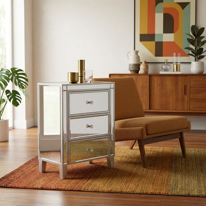 Large mirrored end table with 3 drawers, modern bedroom or living room accent