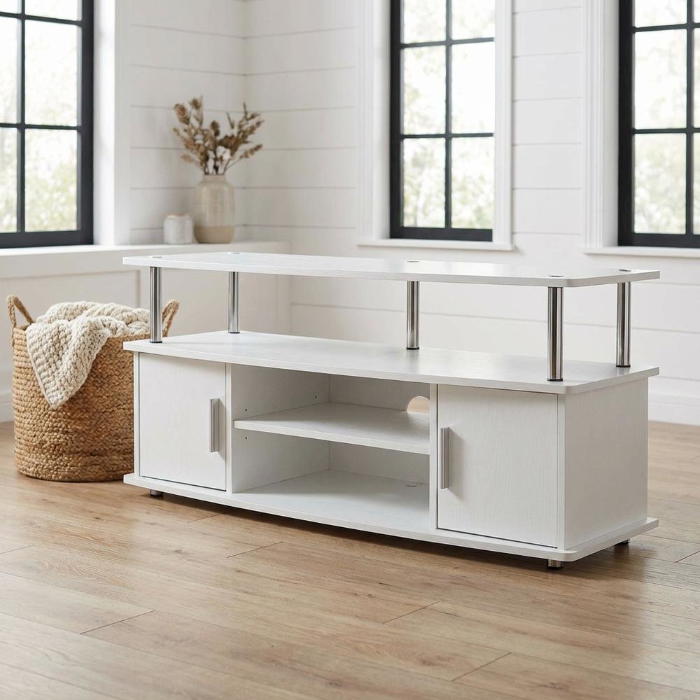 White modern TV stand with cabinets and shelves for 55-inch TVs