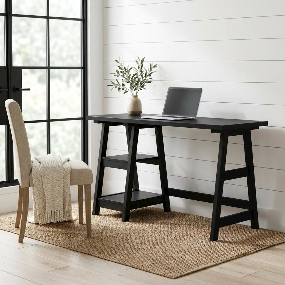 Rustic Trestle Desk With Shelves In Melamine And Mdf Finish For Office Workspace