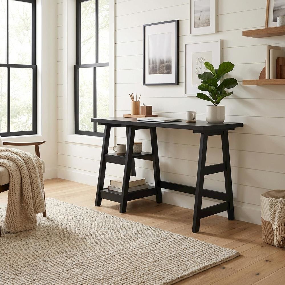 Rustic Trestle Desk With Shelves In Melamine And Mdf Finish For Office Workspace