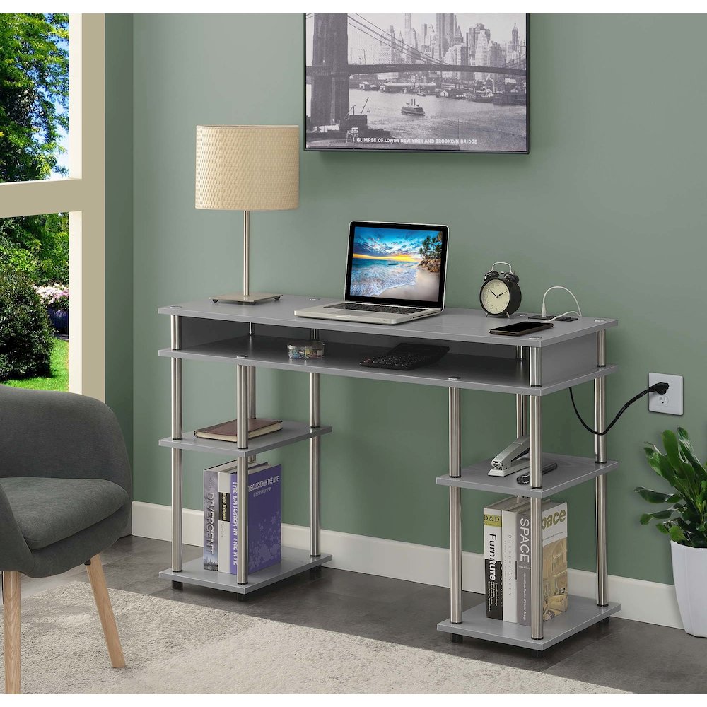 Designs2Go No Tools Student Desk With Charging Station, Gray