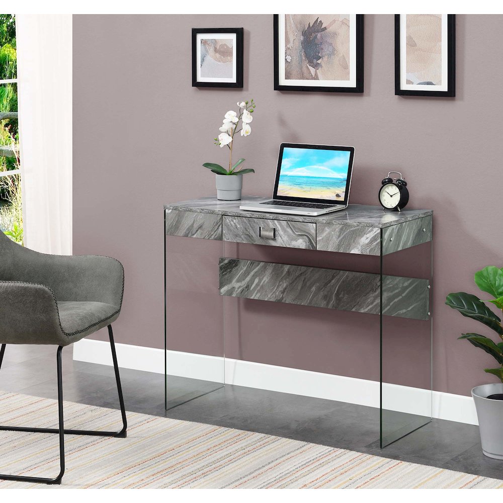 Soho Glass 36 Inch Desk, Gray Marble