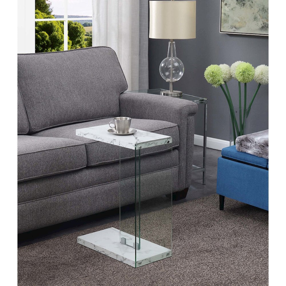 SoHo C End Table, White Faux Marble/Glass