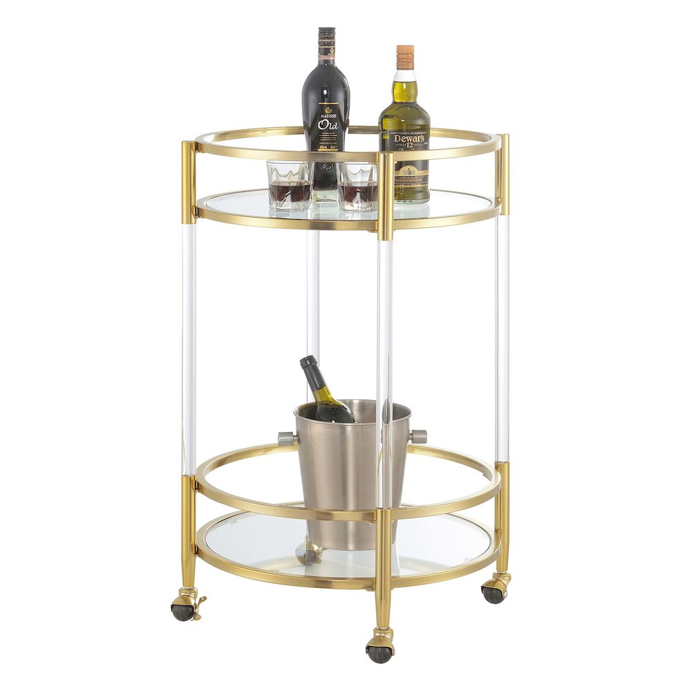 FurniFact Round Bar Cart with 2-Tier Tempered Glass, Metallic
