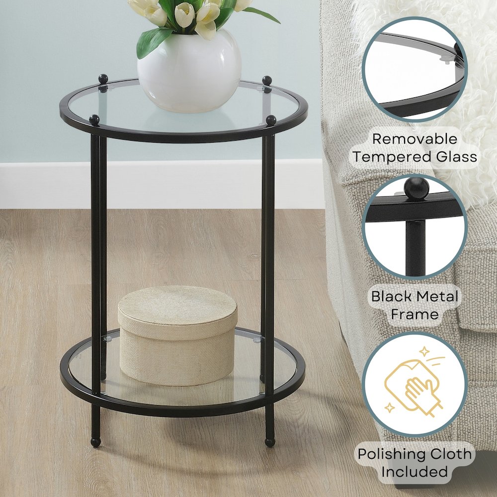 Royal Crest 2 Tier Round Glass End Table with Shelf