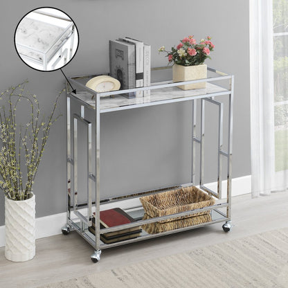 Town Square Chrome Faux Marble Mirrored Bar Cart with Shelf
