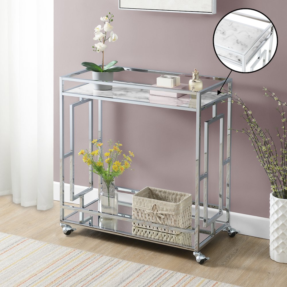 Town Square Chrome Faux Marble Mirrored Bar Cart with Shelf