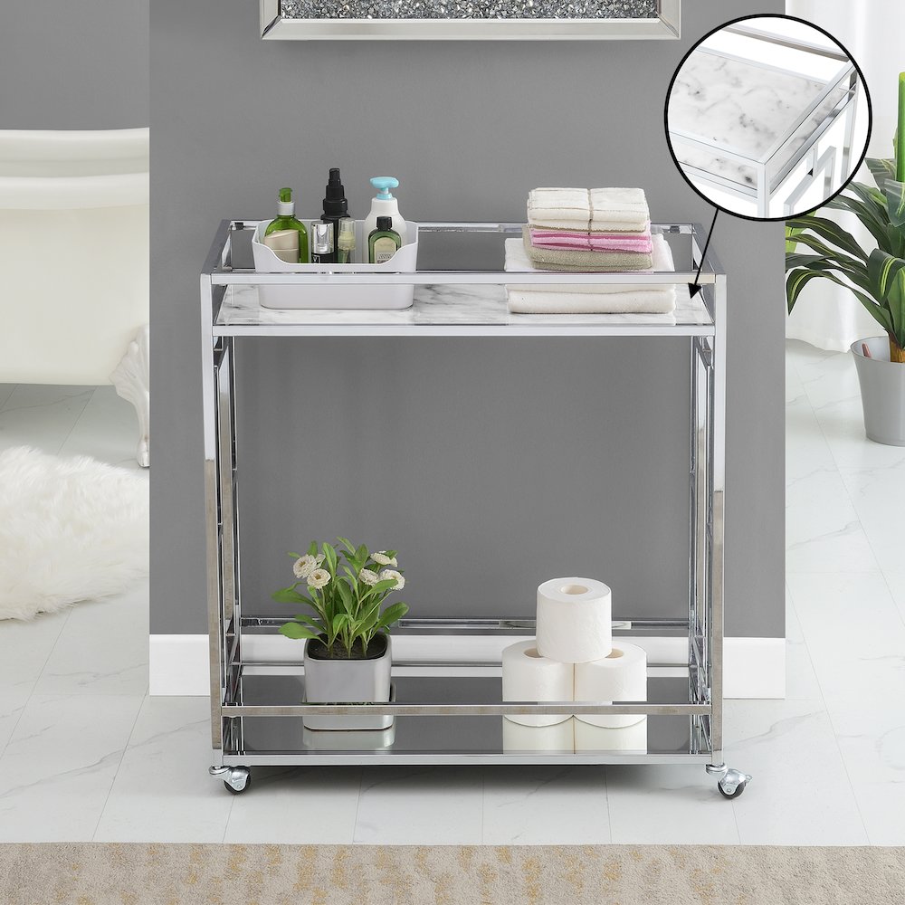 Town Square Chrome Faux Marble Mirrored Bar Cart with Shelf