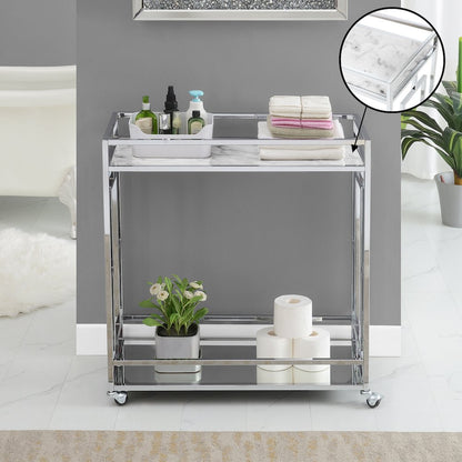 Town Square Chrome Faux Marble Mirrored Bar Cart with Shelf
