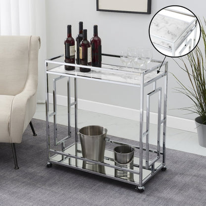 Town Square Chrome Faux Marble Mirrored Bar Cart with Shelf