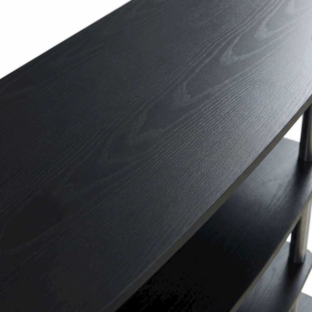 Black No Tools Wide Highboy TV Stand, Particle Board Shelves, Steel Poles