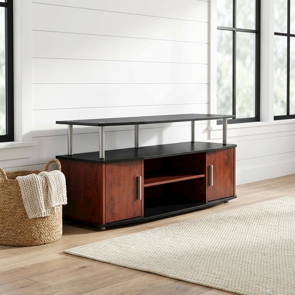 Cherry/Black TV Stand with Cabinets and Shelves for 55-Inch TVs