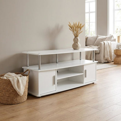 White modern TV stand with cabinets and shelves for 55-inch TVs