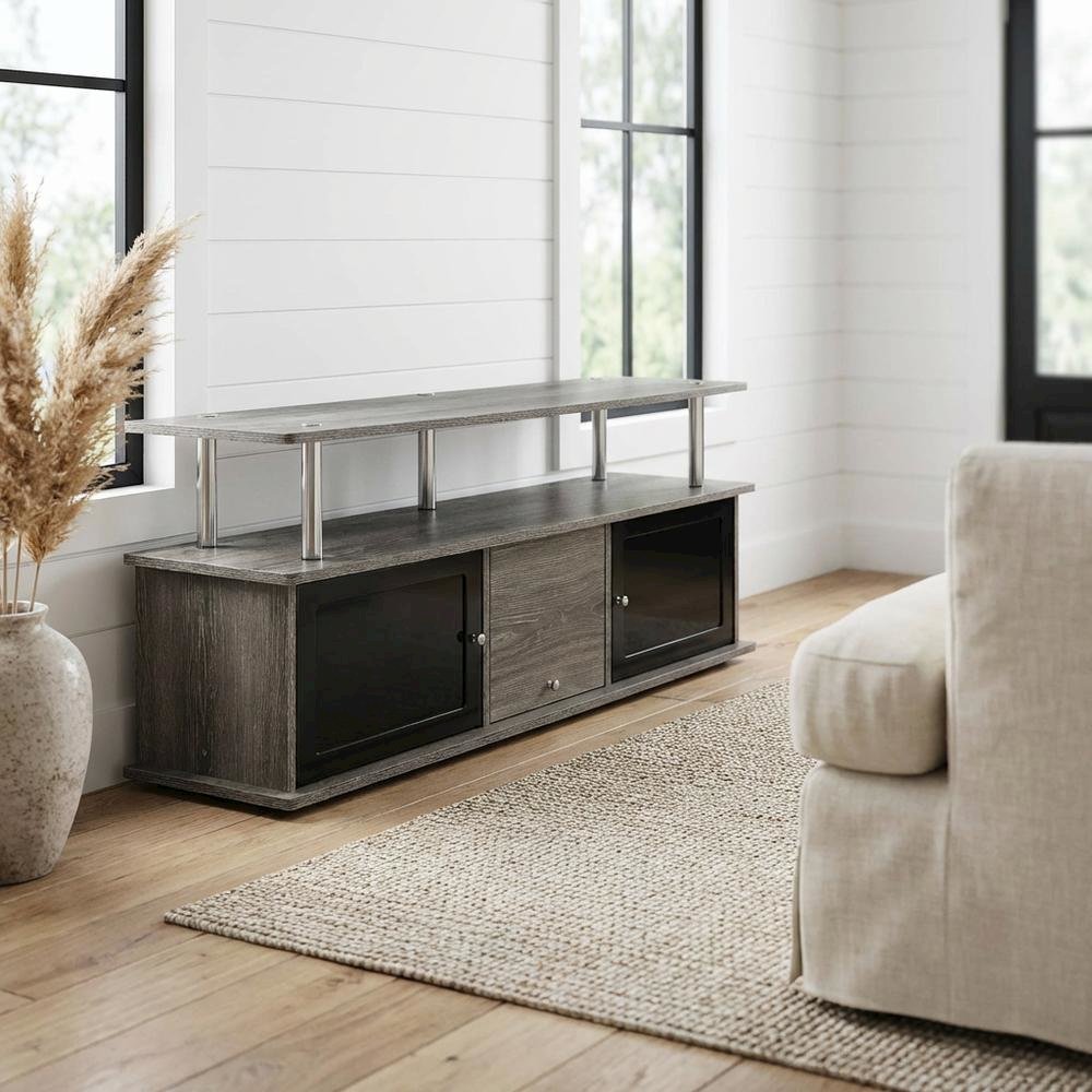 Modern Gray TV Stand with 3 Storage Cabinets and Shelf for 55-Inch TVs