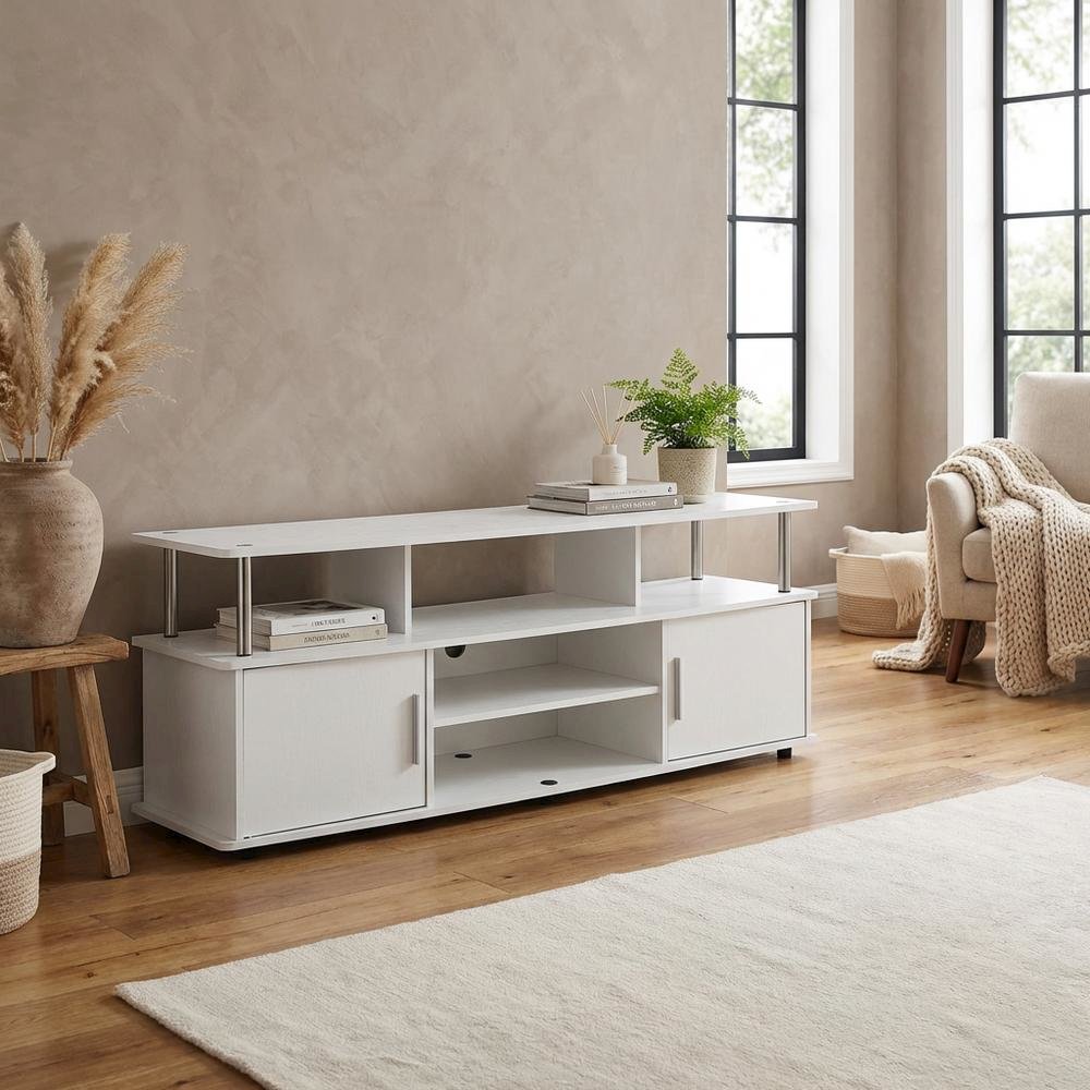 White TV stand with particle board and stainless steel accents, modern design