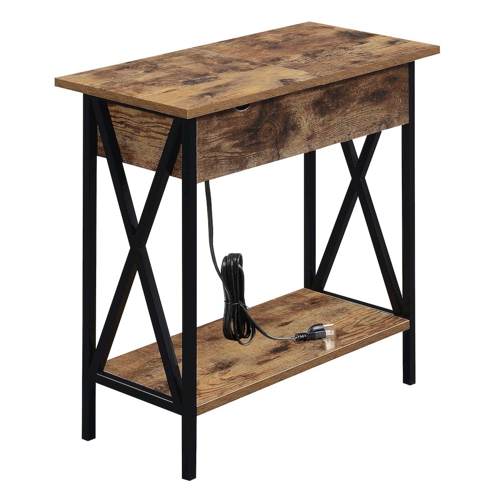 FurniFact End Table with Flip Top and Charging Station, Barnwood/Black
