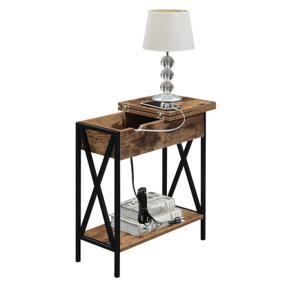 FurniFact End Table with Flip Top and Charging Station, Barnwood/Black