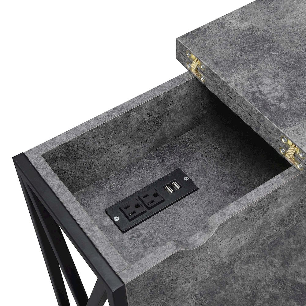Tucson Flip Top End Table with Charging Station Cement / Black