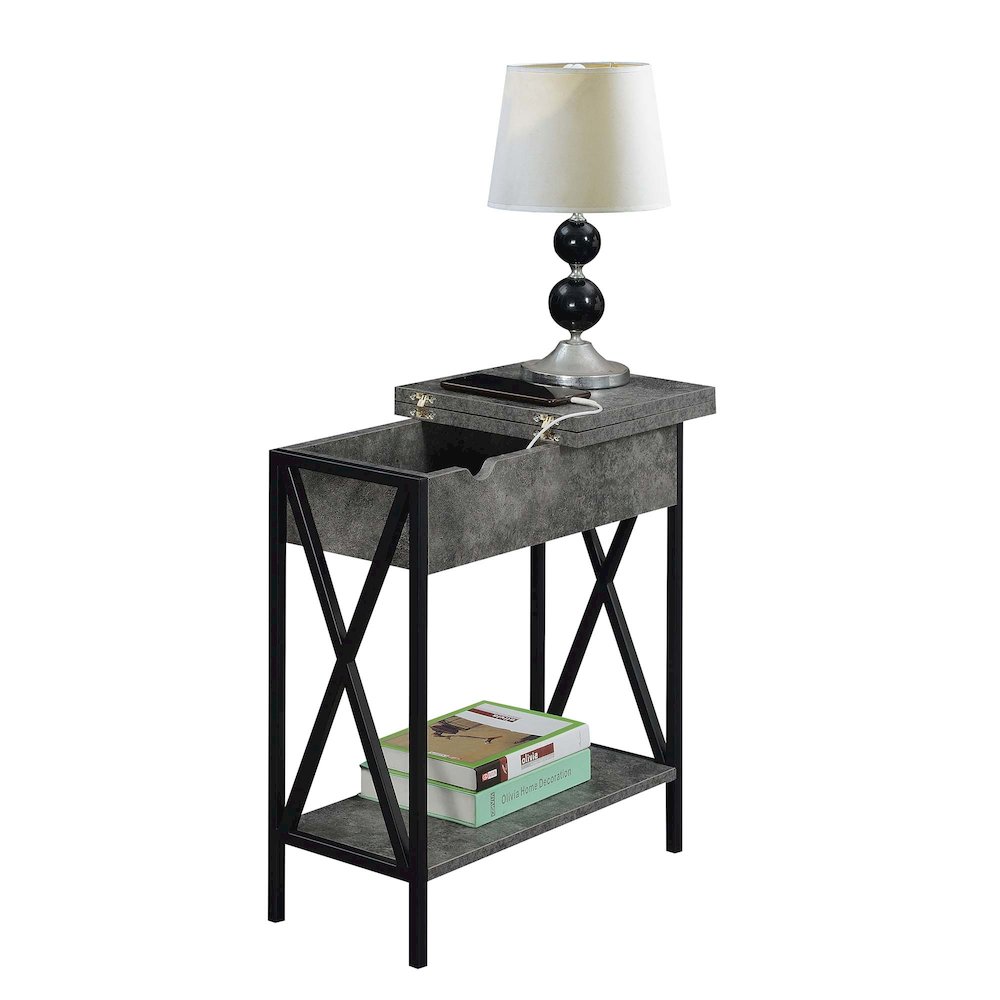 Tucson Flip Top End Table with Charging Station Cement / Black