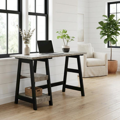 Modern Trestle Desk With Shelves In Faux Birch And Black Finish For Office Space