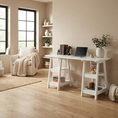 Durable Distressed Double Trestle Desk With Shelves For Office Spaces