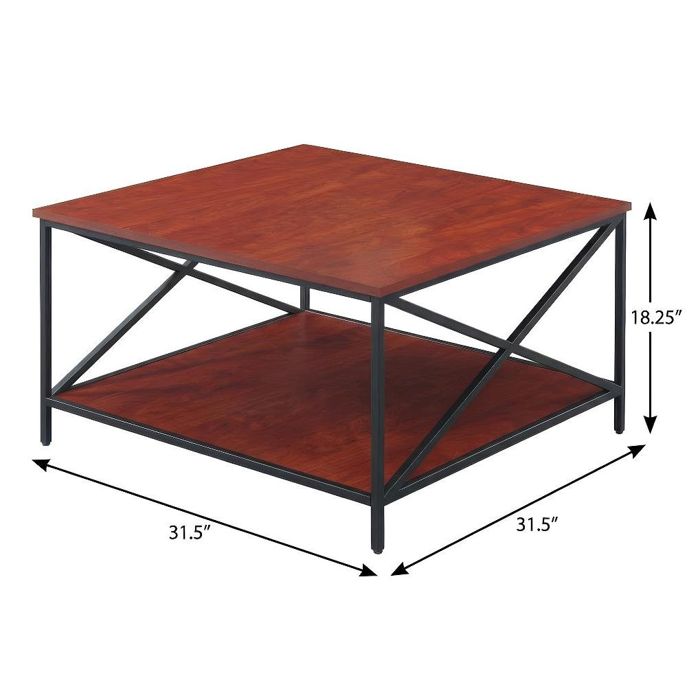 Cherry and Black Metal Square Coffee Table with Shelf and Particle Board Surface
