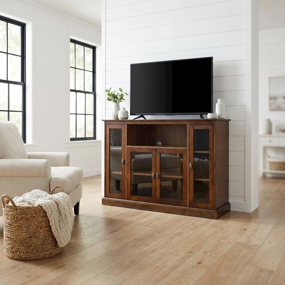 Dark Walnut TV Stand with MDF and Tempered Glass Finish for 55-Inch TVs