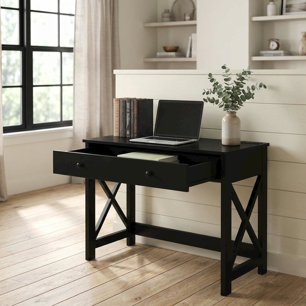 Black 42-Inch Office Desk With Built-In Charging Station And Mdf Construction
