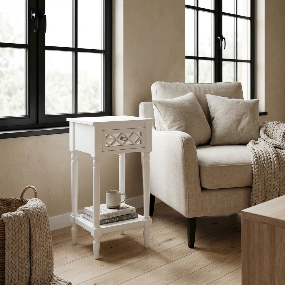 White Traditional Accent Table with Drawer and Shelf for Living Room