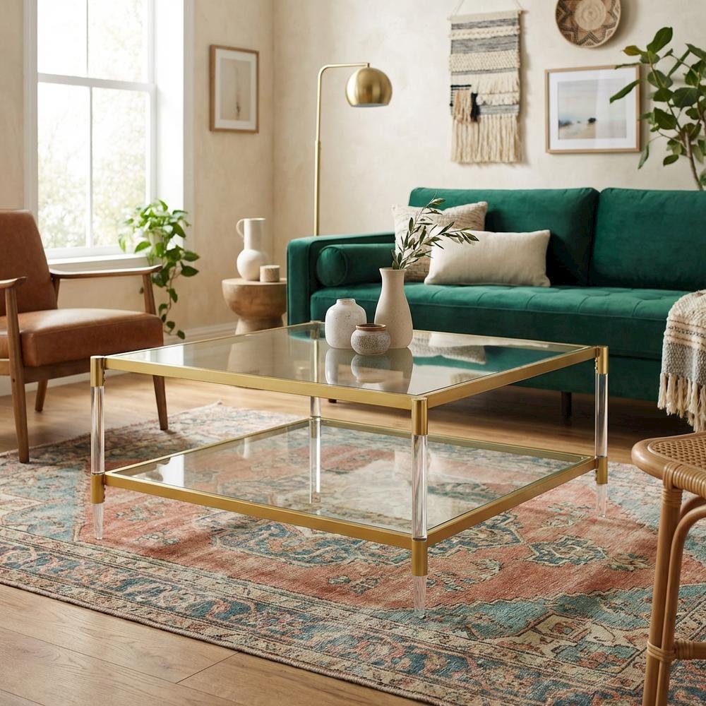 Clear Acrylic Square Coffee Table with 2 Tiers and Contemporary Style