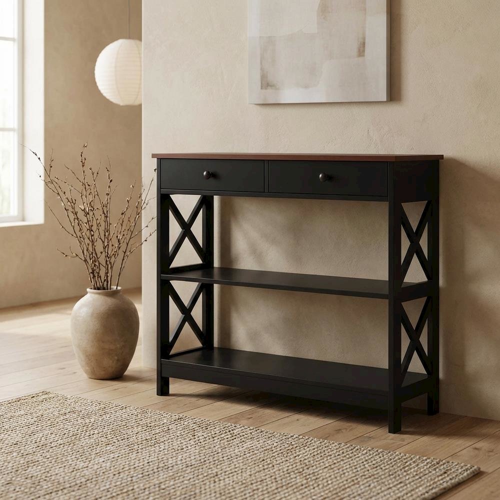Wooden 1-Drawer Console Table with Shelves and Modern Design