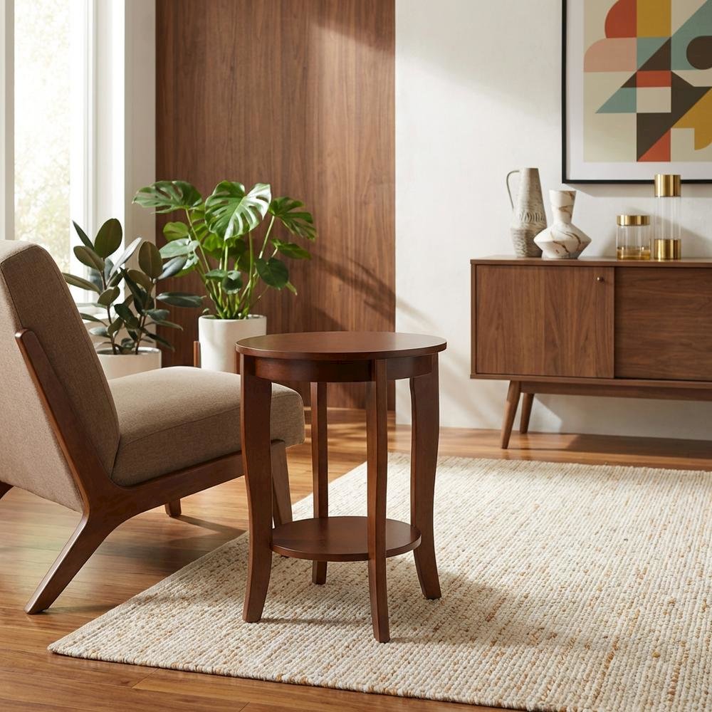 Mahogany Round End Table with Shelf for Classic and Transitional Styles
