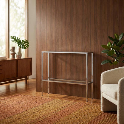 Gray Glass Chrome Hall Table with Lower Shelf, Slim Metal Frame, Modern