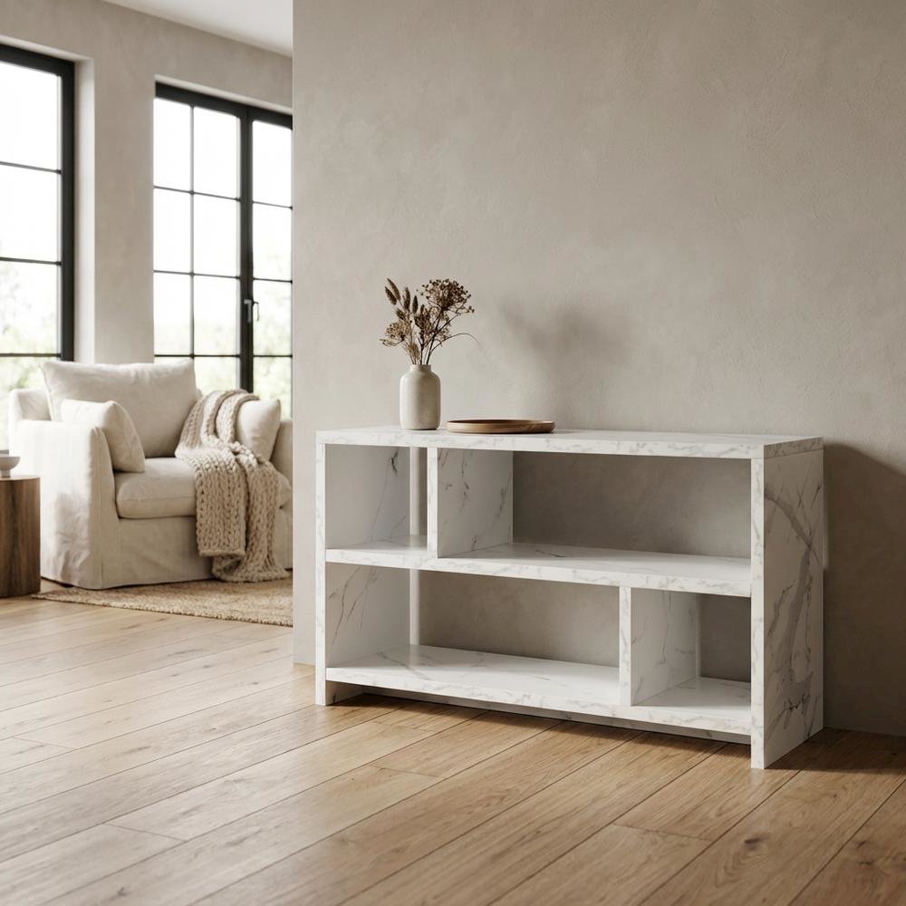 White Faux Marble TV Stand Console with Shelves and Hollow Core Material