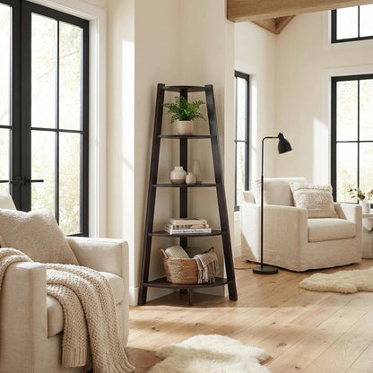 Wide Corner Bookcase with Espresso Finish and Multiple Shelves