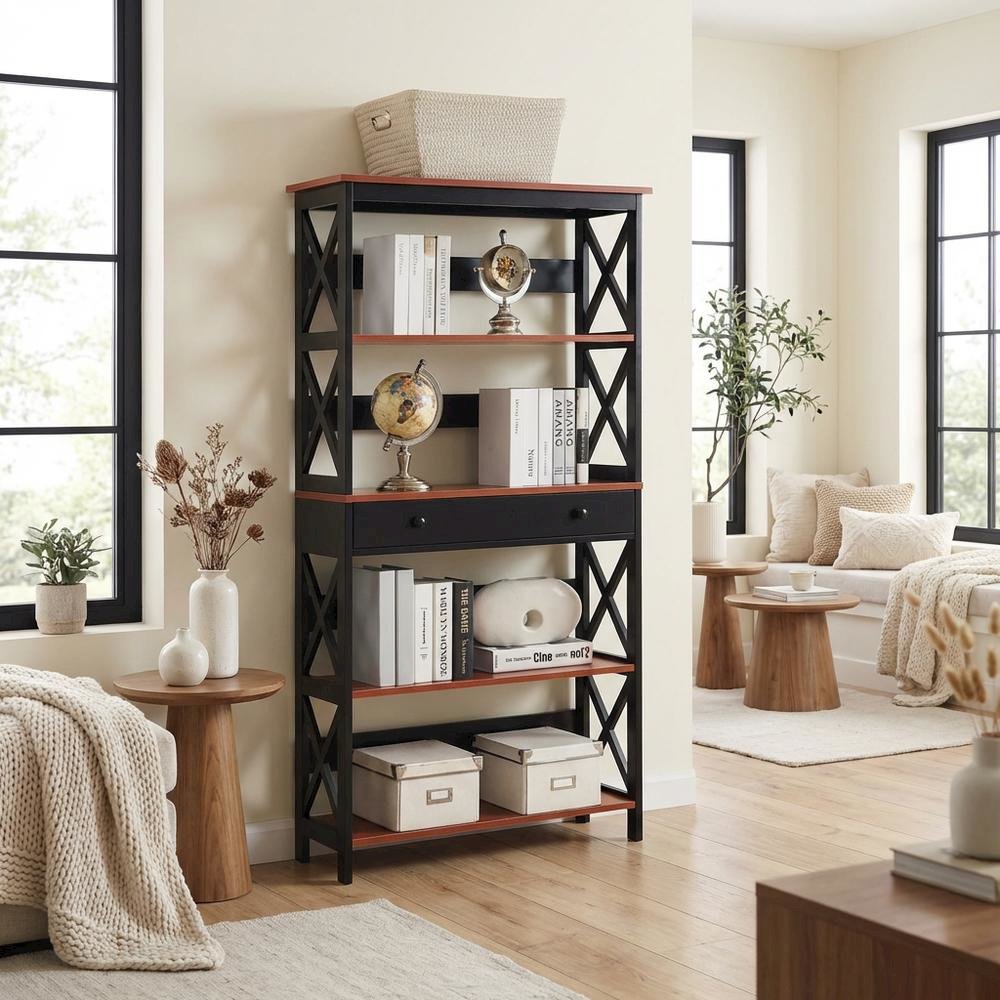Wooden 5-Tier Bookcase - Storage Drawer, Durable Particle Board, Melamine Finish