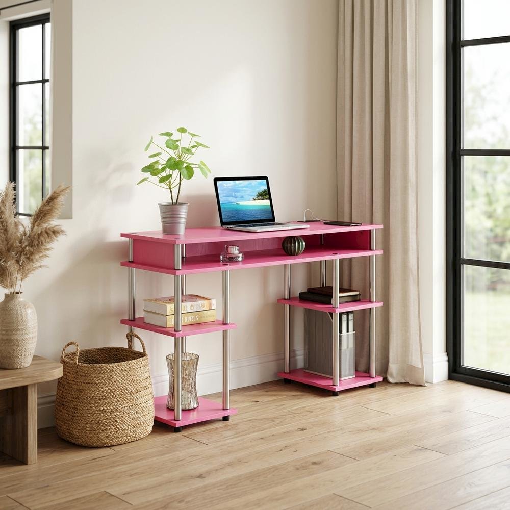 Pink Student Desk With Built-In Charging Station For Home Or School Use