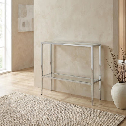 Gray Glass Chrome Hall Table with Lower Shelf, Slim Metal Frame, Modern