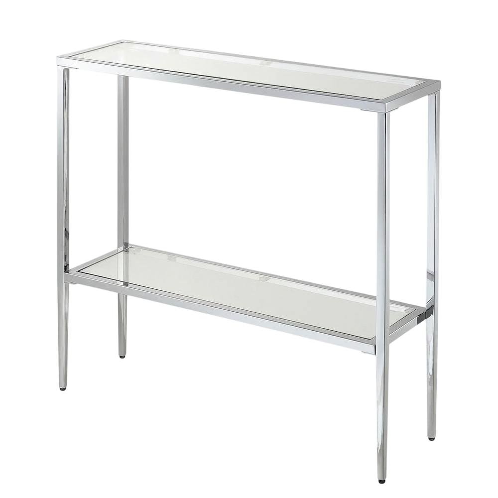 Gray Glass Chrome Hall Table with Lower Shelf, Slim Metal Frame, Modern