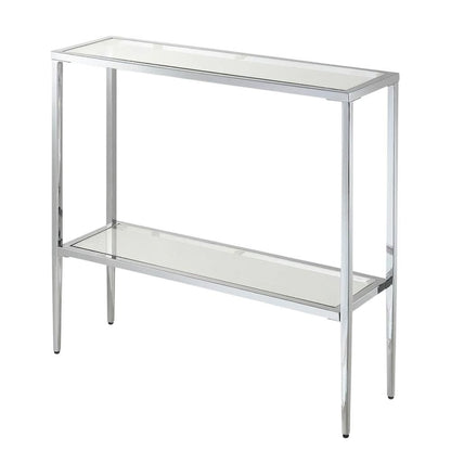 Gray Glass Chrome Hall Table with Lower Shelf, Slim Metal Frame, Modern