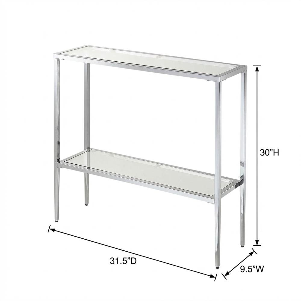 Gray Glass Chrome Hall Table with Lower Shelf, Slim Metal Frame, Modern