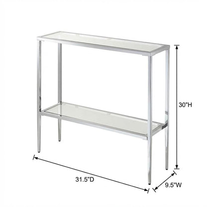 Gray Glass Chrome Hall Table with Lower Shelf, Slim Metal Frame, Modern