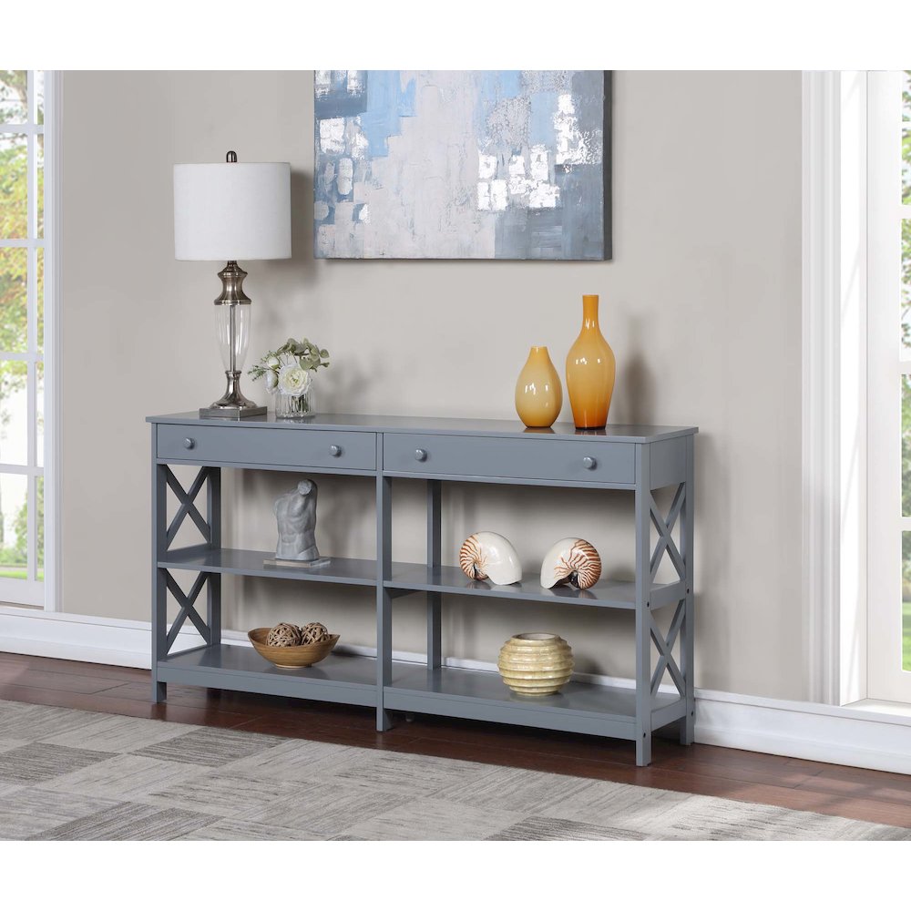 Oxford 2 Drawer 60 inch Console Table with Shelves, Gray