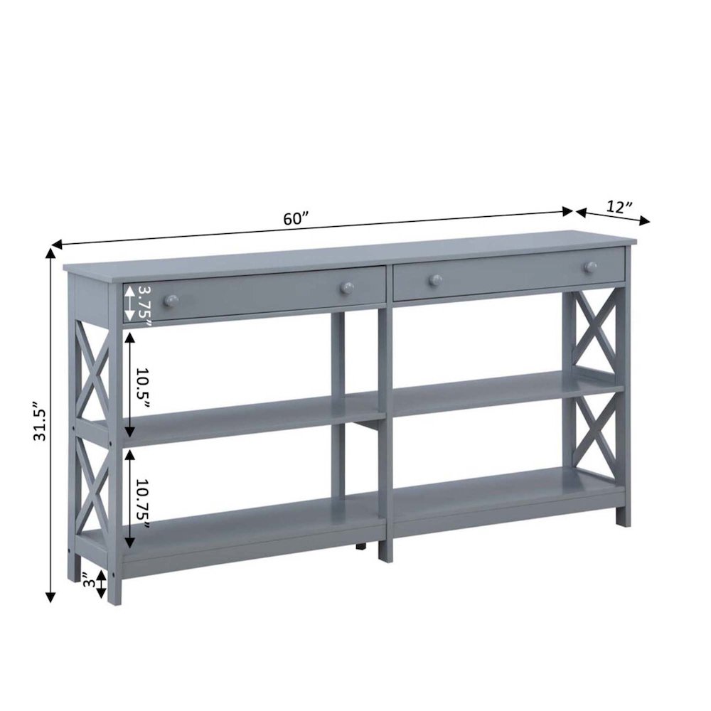 Oxford 2 Drawer 60 inch Console Table with Shelves, Gray