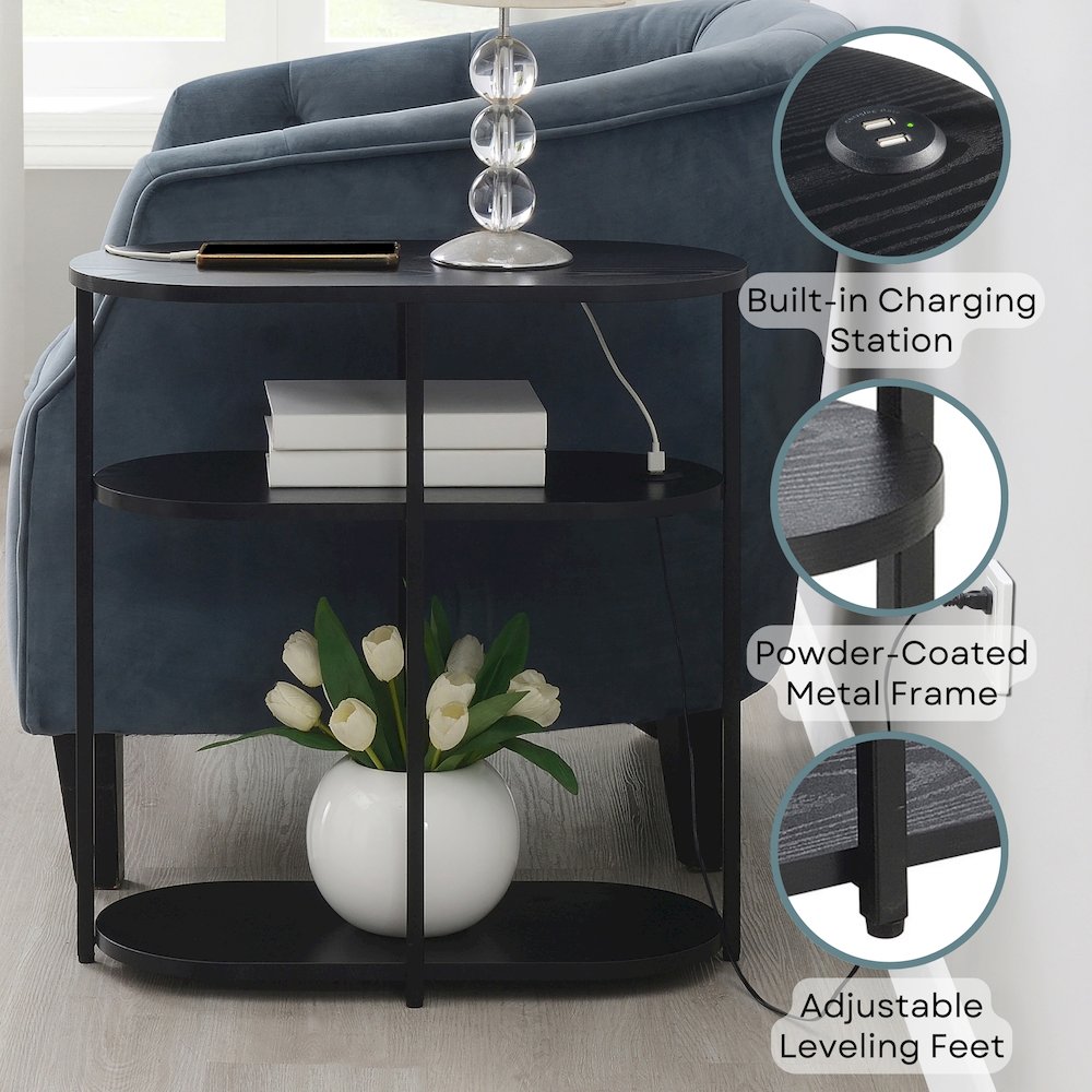 Designs2Go Simon 3 Tier Oval Chairside End Table with USB Ports
