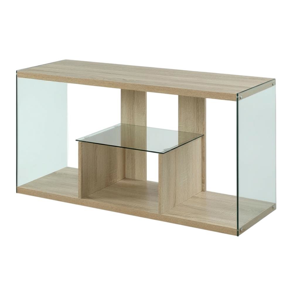 Weathered White TV Stand with Tempered Glass and Particle Board Surface