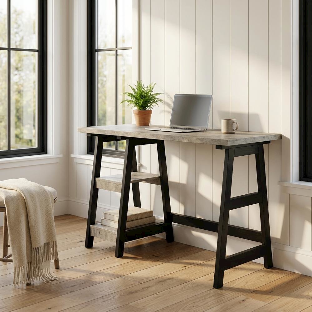 Modern Trestle Desk With Shelves In Faux Birch And Black Finish For Office Space